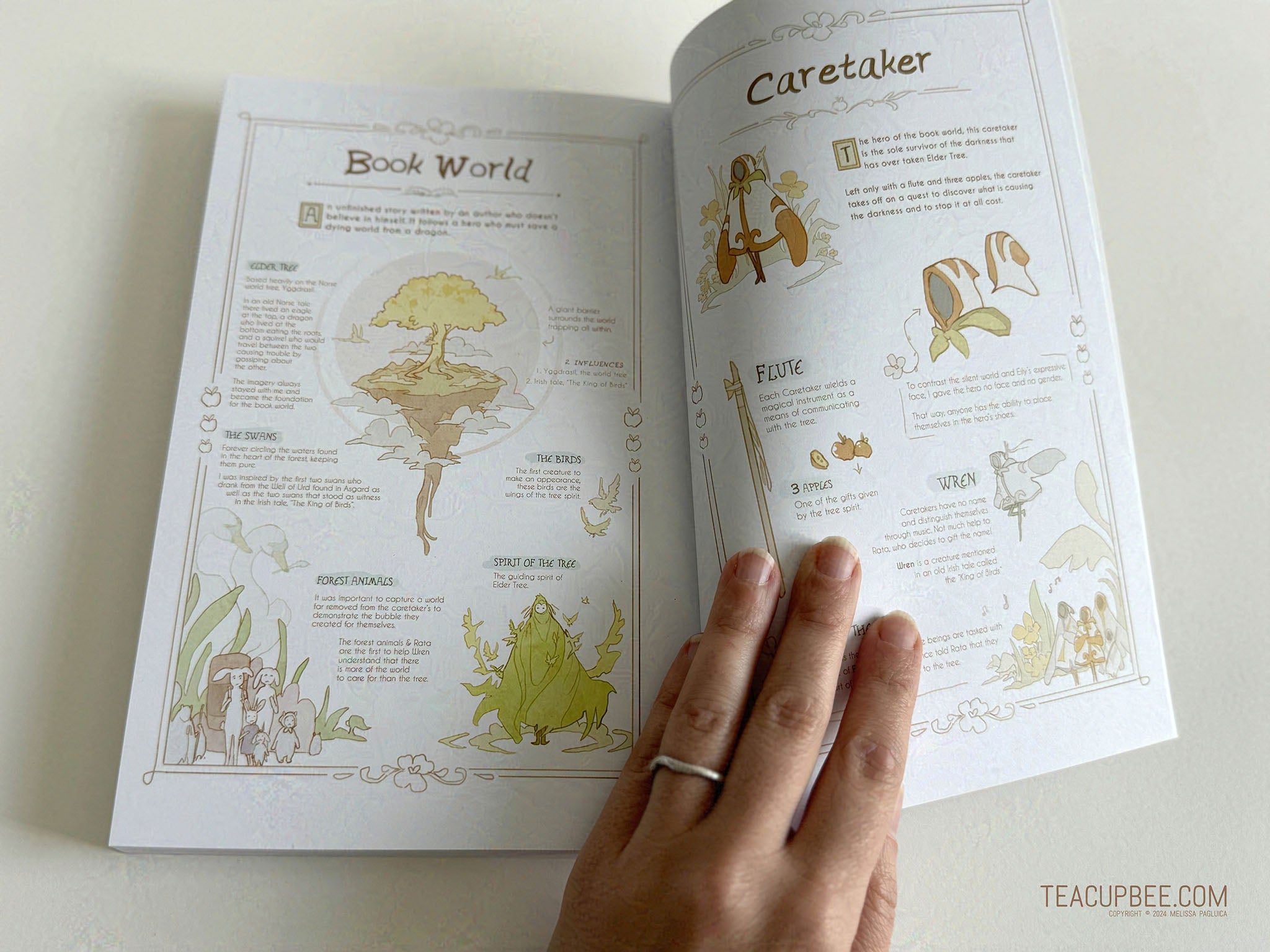 Open book with illustrations and text on a plain background