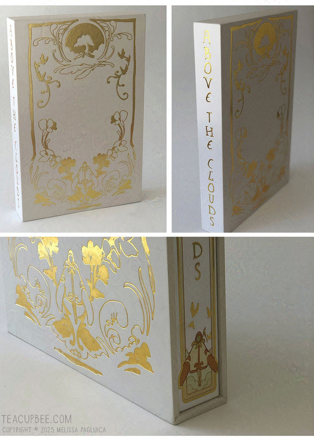Decorative book with gold embossed designs and text on a white background