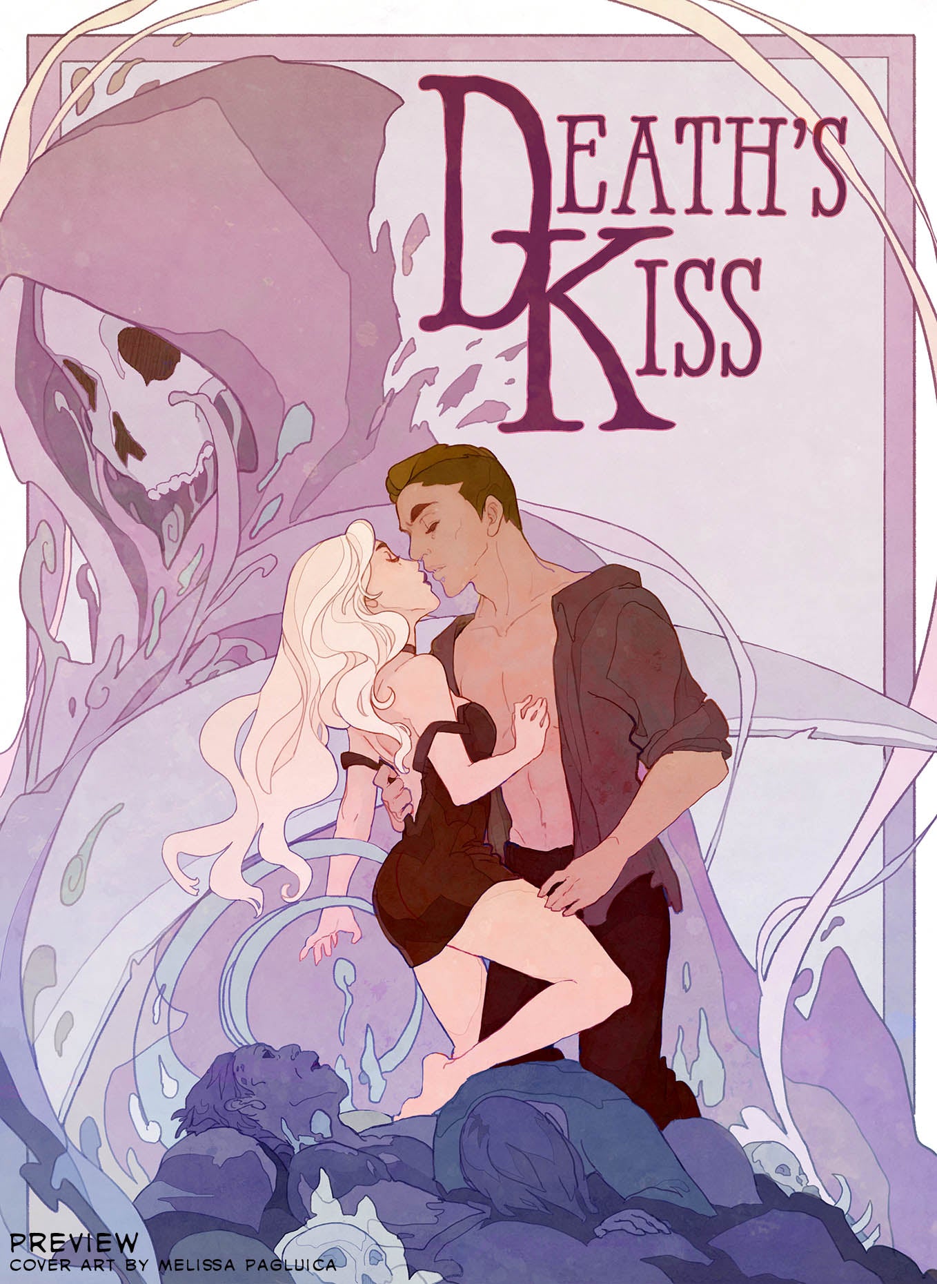 Cover of 'Death's Kiss' with a couple embracing, a skeleton, and the title in stylized text.