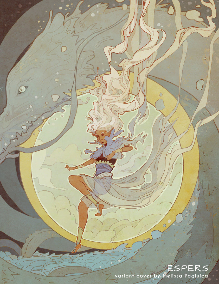 Artistic illustration of a woman with flowing hair, surrounded by ethereal elements, with 'ESPERES' branding.