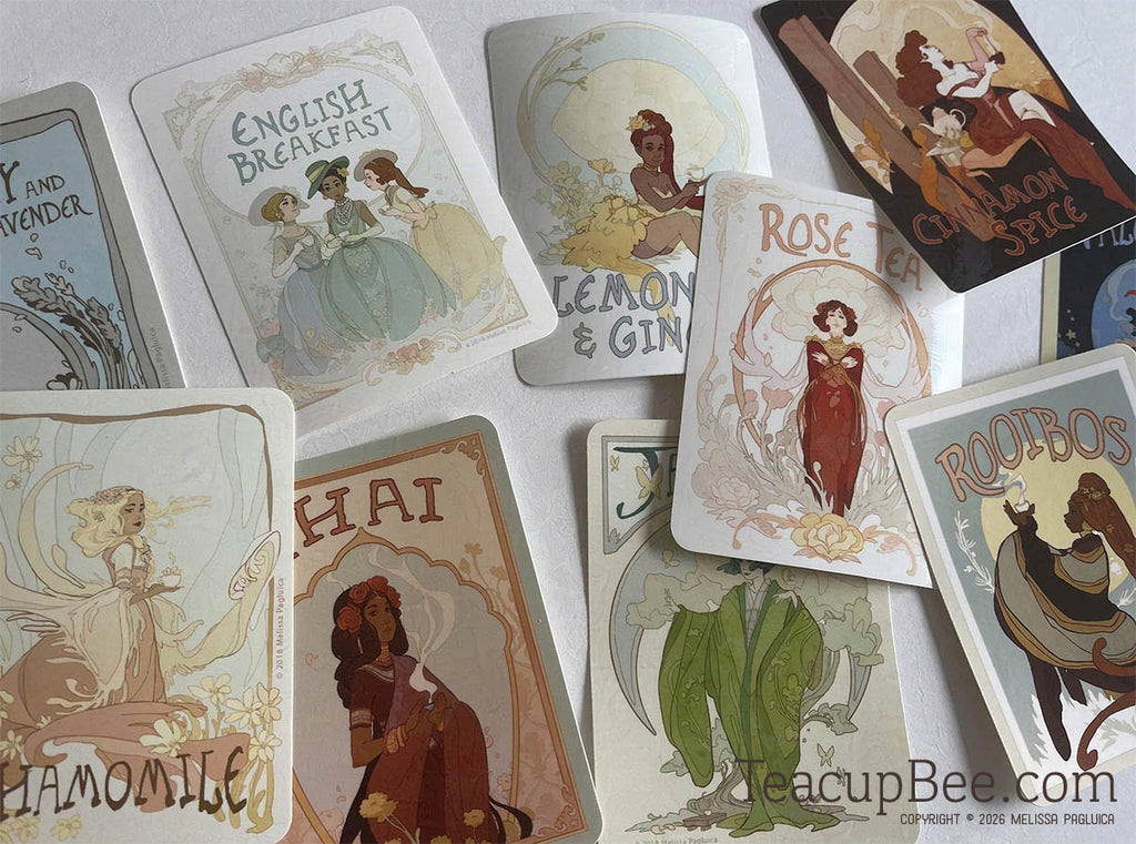 Collection of tea-themed stickers with artistic illustrations on a white surface.