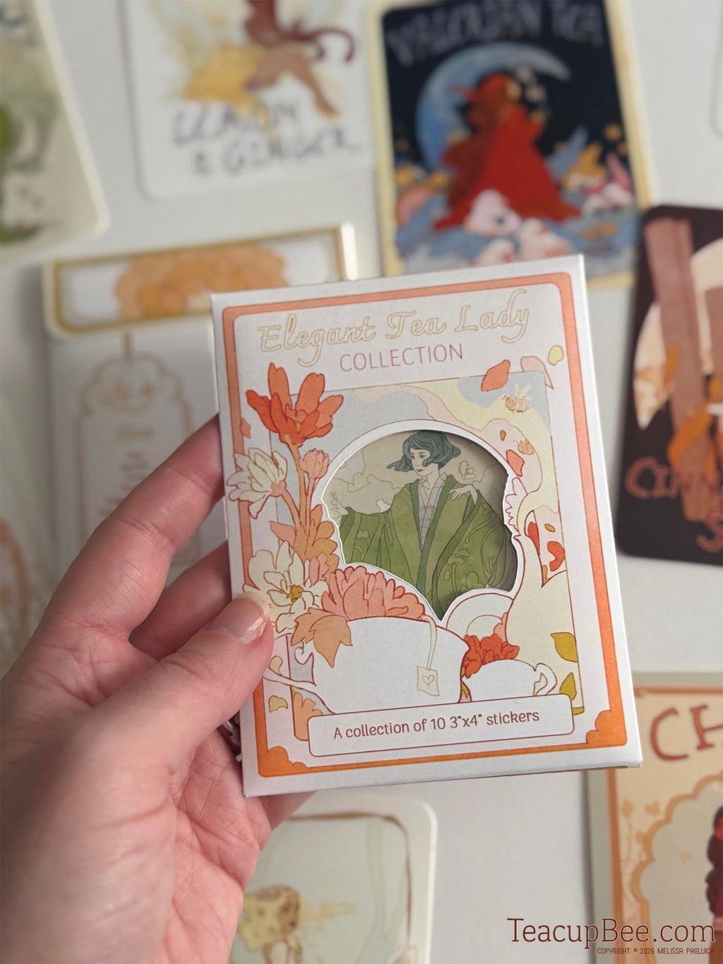Hand holding a sticker collection packaging with decorative design and text.