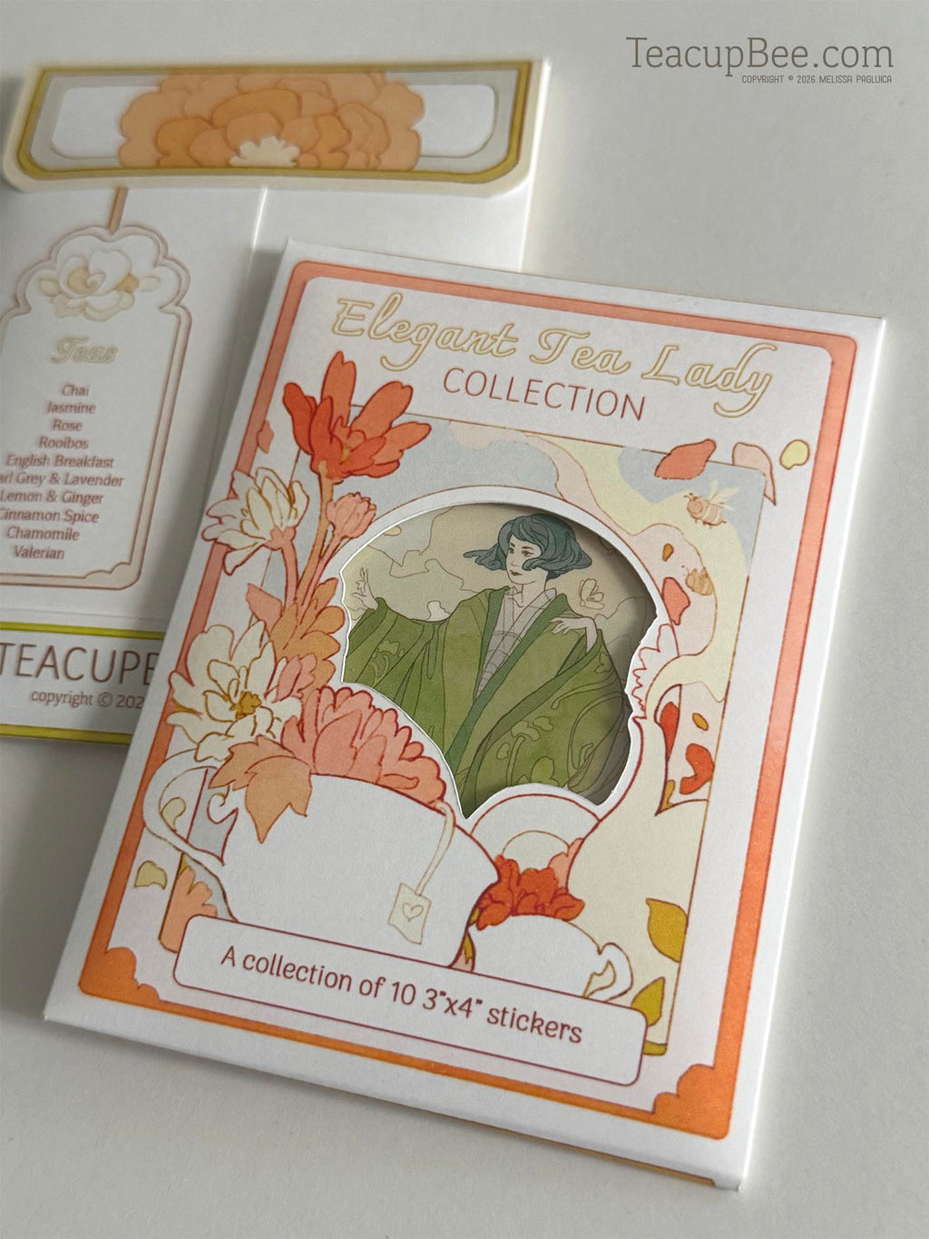 Packaging of 'Elegant Tea Lady' collection with floral design and text on a white background.