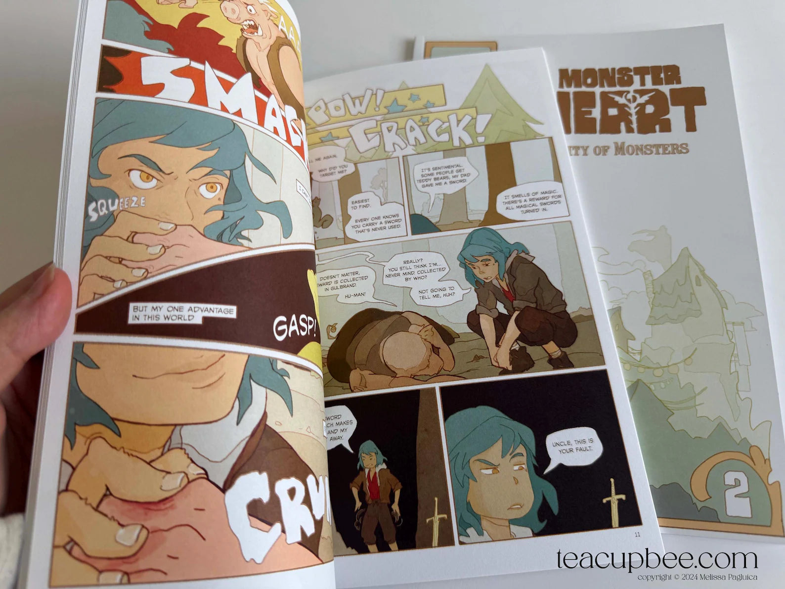 Comic book with character illustrations and text panels on a white background