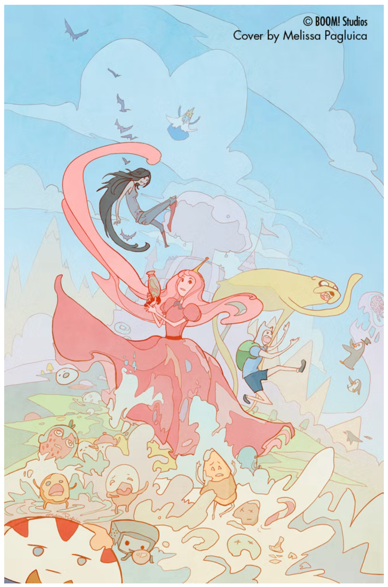 Illustration of a woman in a pink dress , princess bubblegum, surrounded by animals and birds with a blue sky background. Illustration designed for Adventure Time for Boom! Studios.