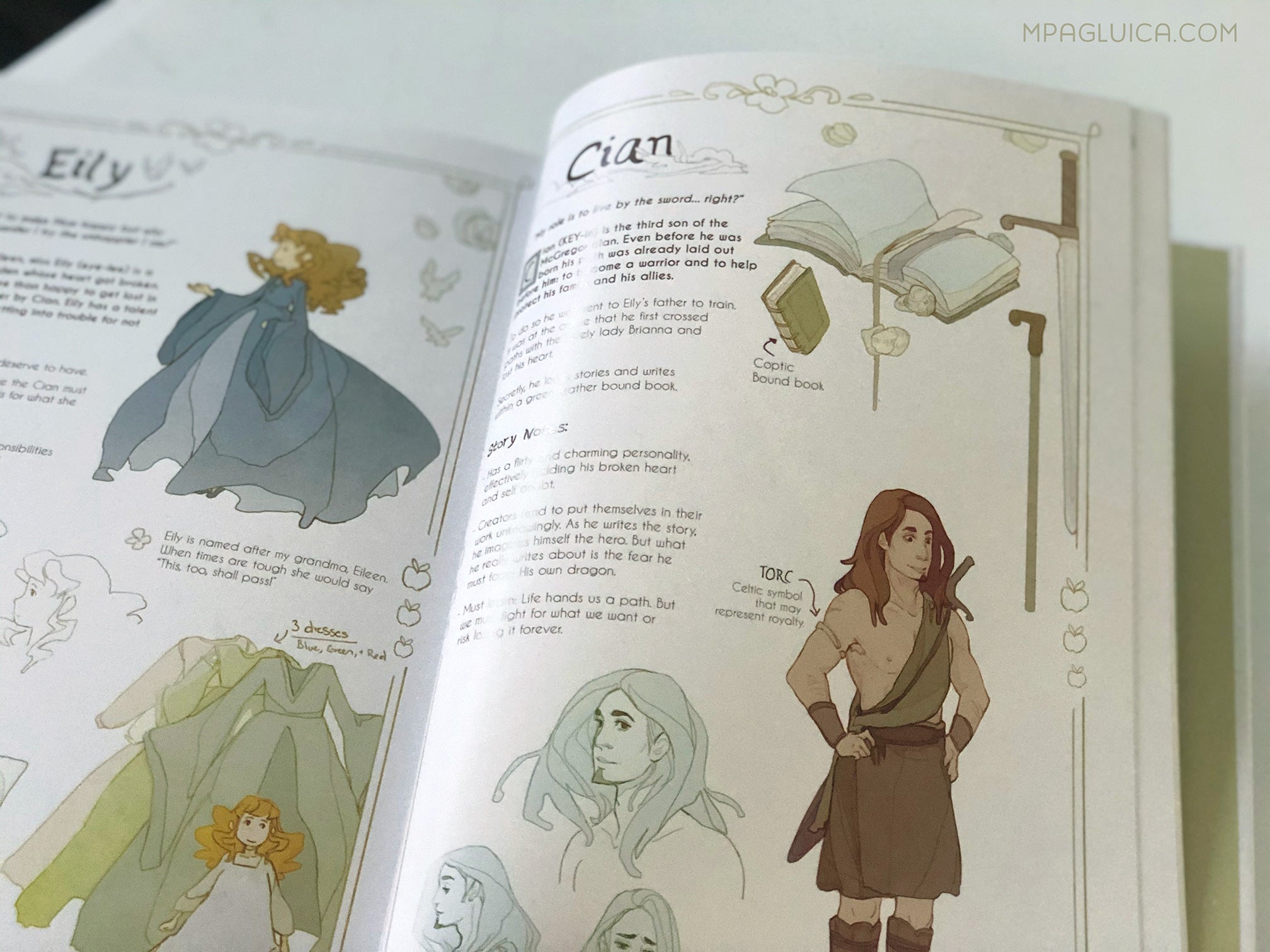 Open book with illustrations and text on characters named Eily and Cian.