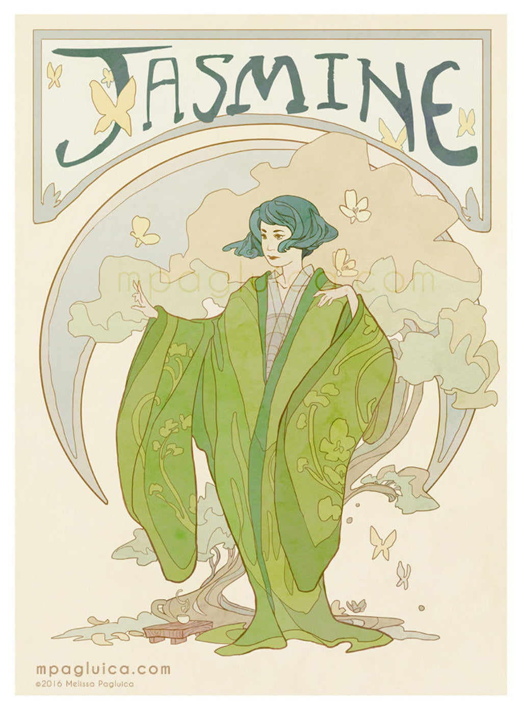 Art Nouveau-style illustration of a woman in a green dress with floral elements and 'Jasmine' text.