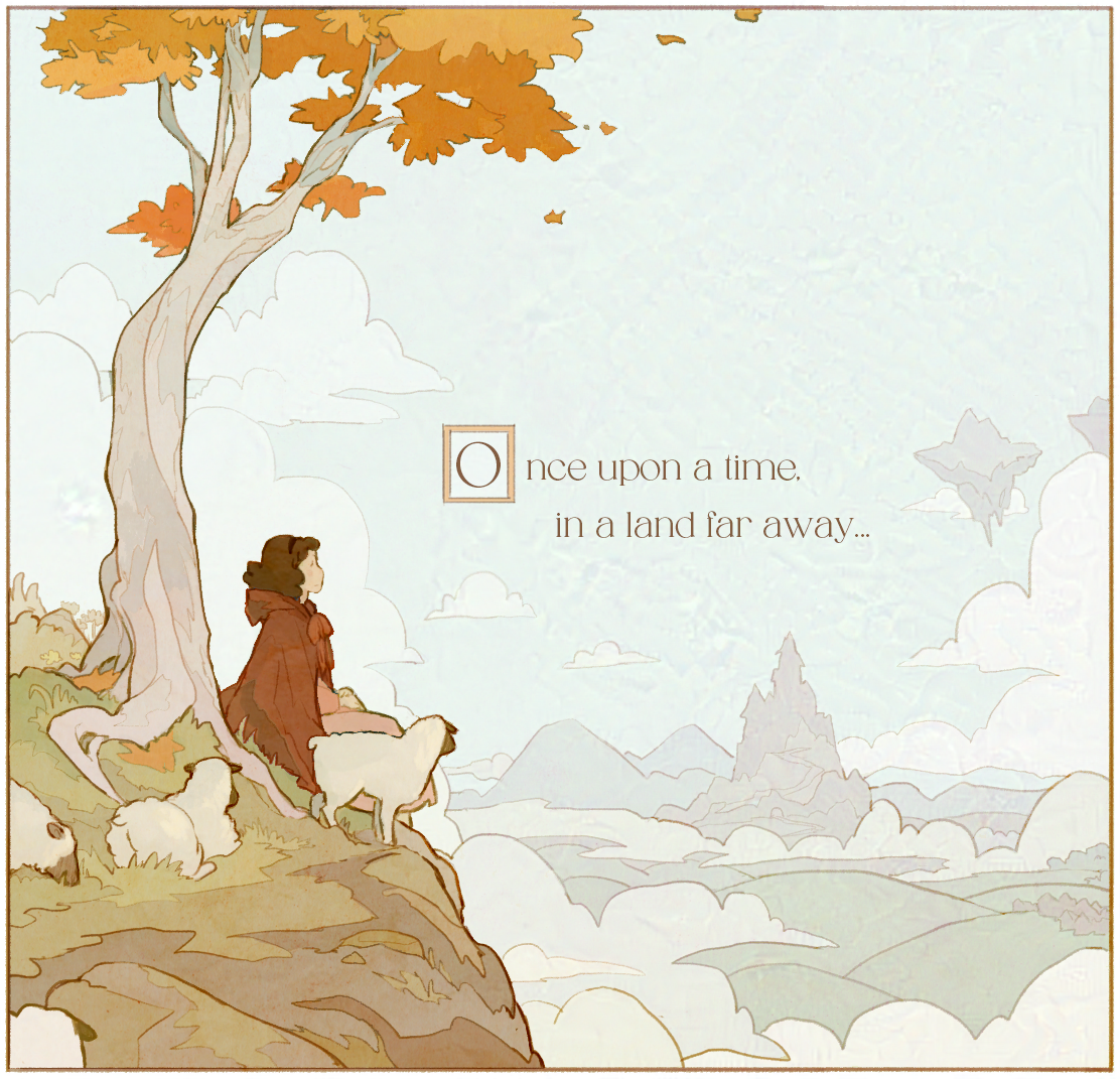 Illustration of a girl with a sheep sitting under a tree with autumn leaves, with text 'Once upon a time in a land far away'.