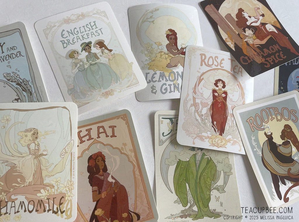 Collection of tea stickers with artistic designs and text on a white background