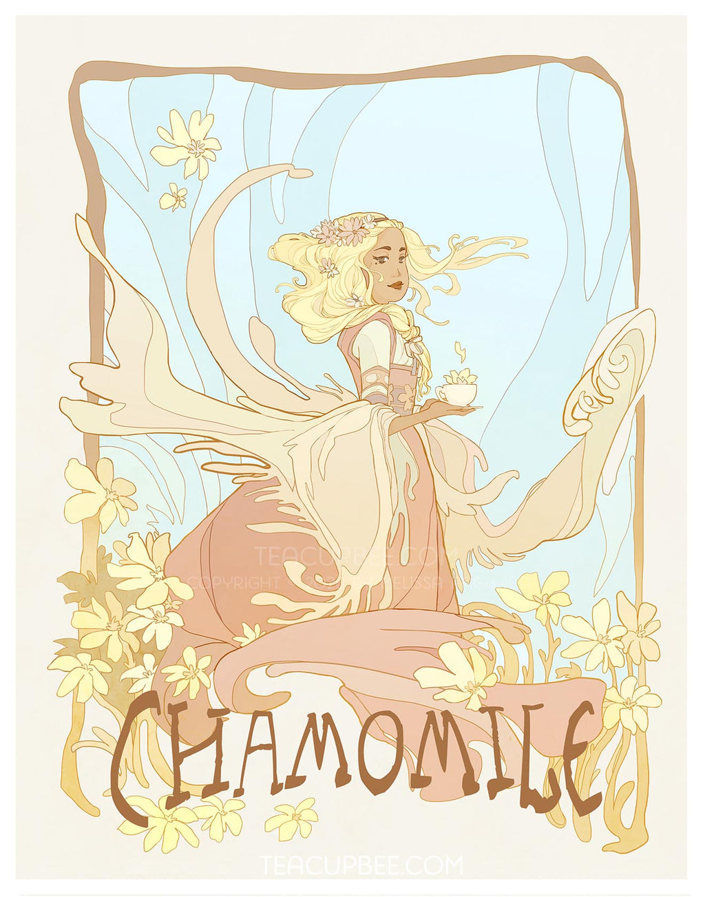 Artistic depiction of a woman with floral elements and the word 'Chamomile' on a light background