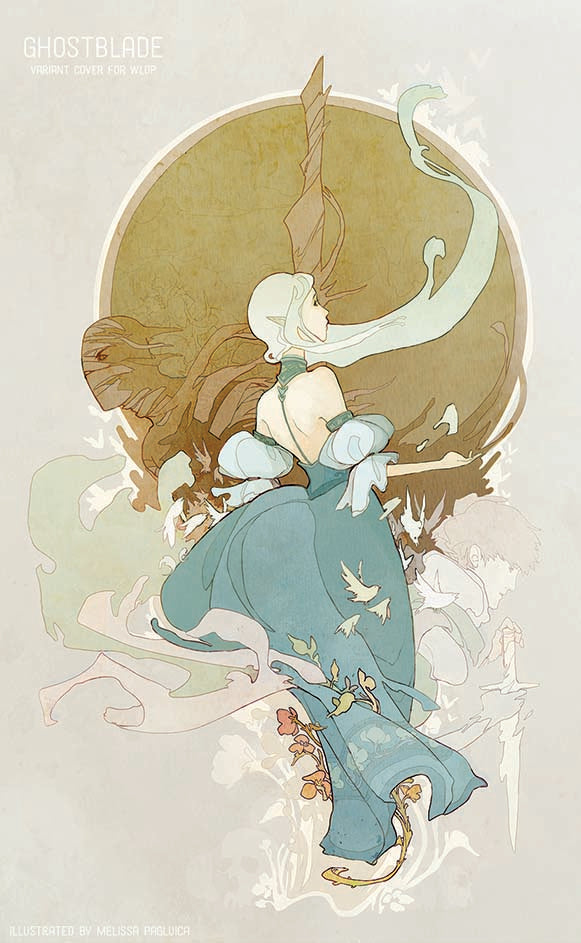 Artistic illustration of a fairy-like character with wings and a flowing dress, set against a light background.