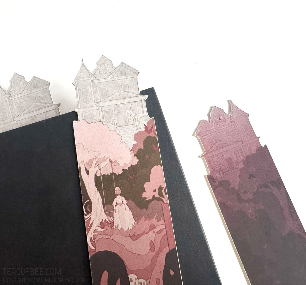 Three decorative bookmarks with artistic illustrations on a white background