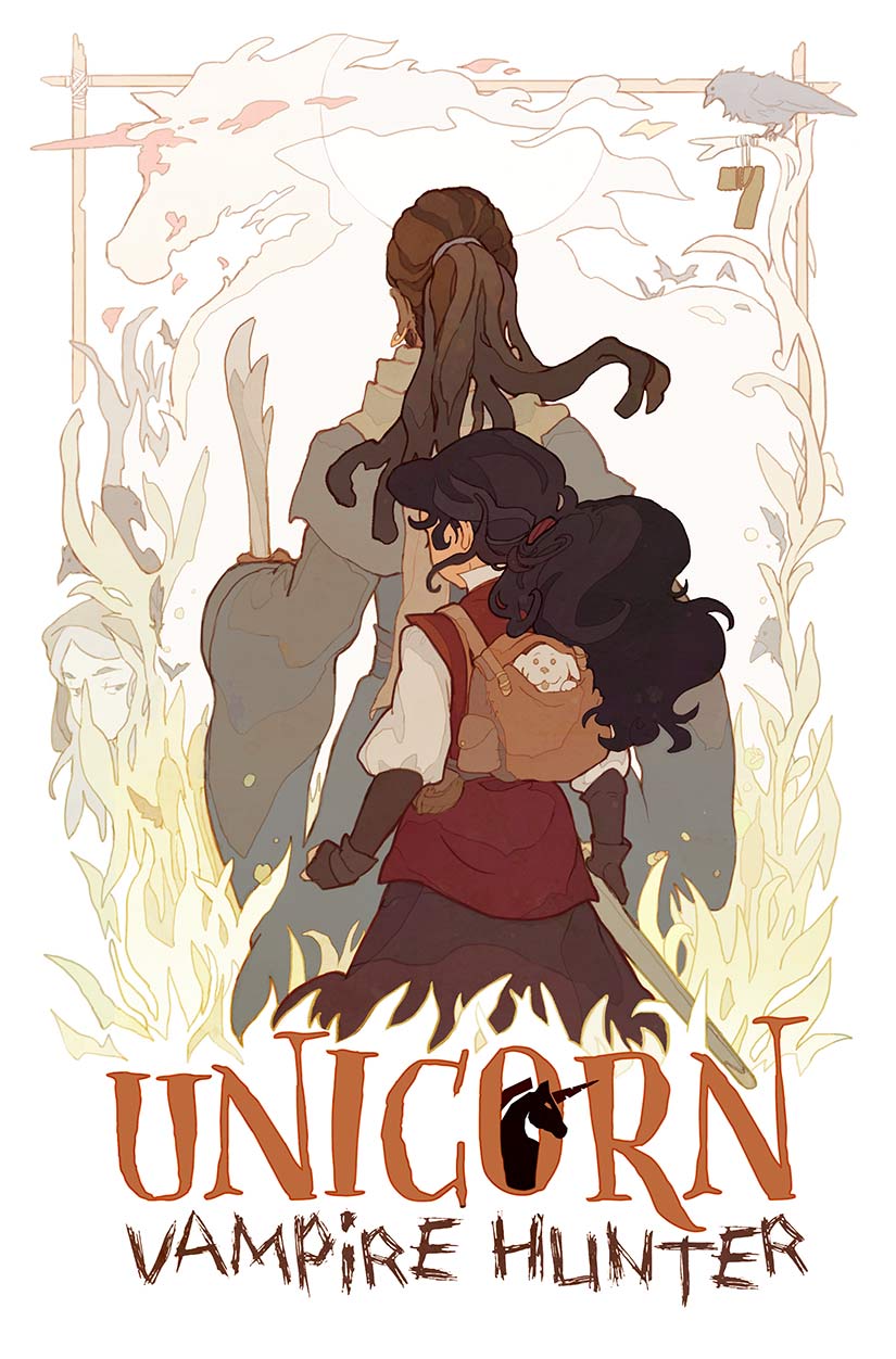 Illustration of a character with a unicorn and text 'Unicorn Vampire Hunter' in a stylized frame.