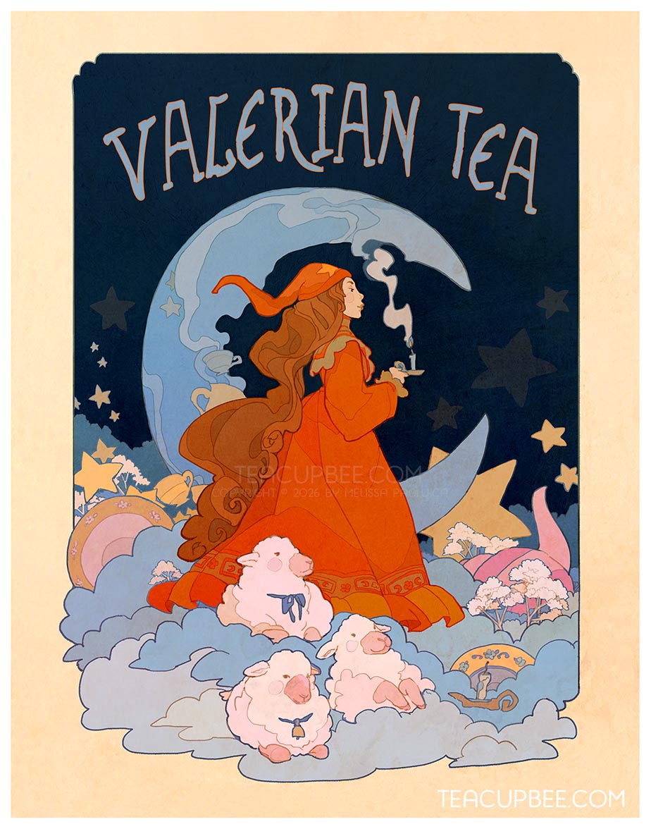 Valerian Tea advertisement with a woman in a red dress surrounded by sheep and a moon.