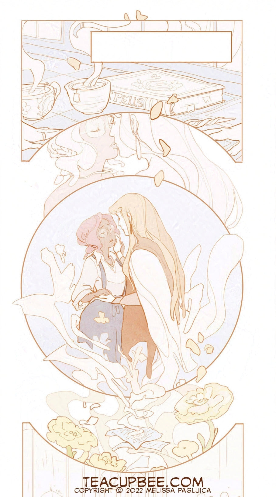 Comic strip featuring a couple embracing surrounded by floral and book elements.