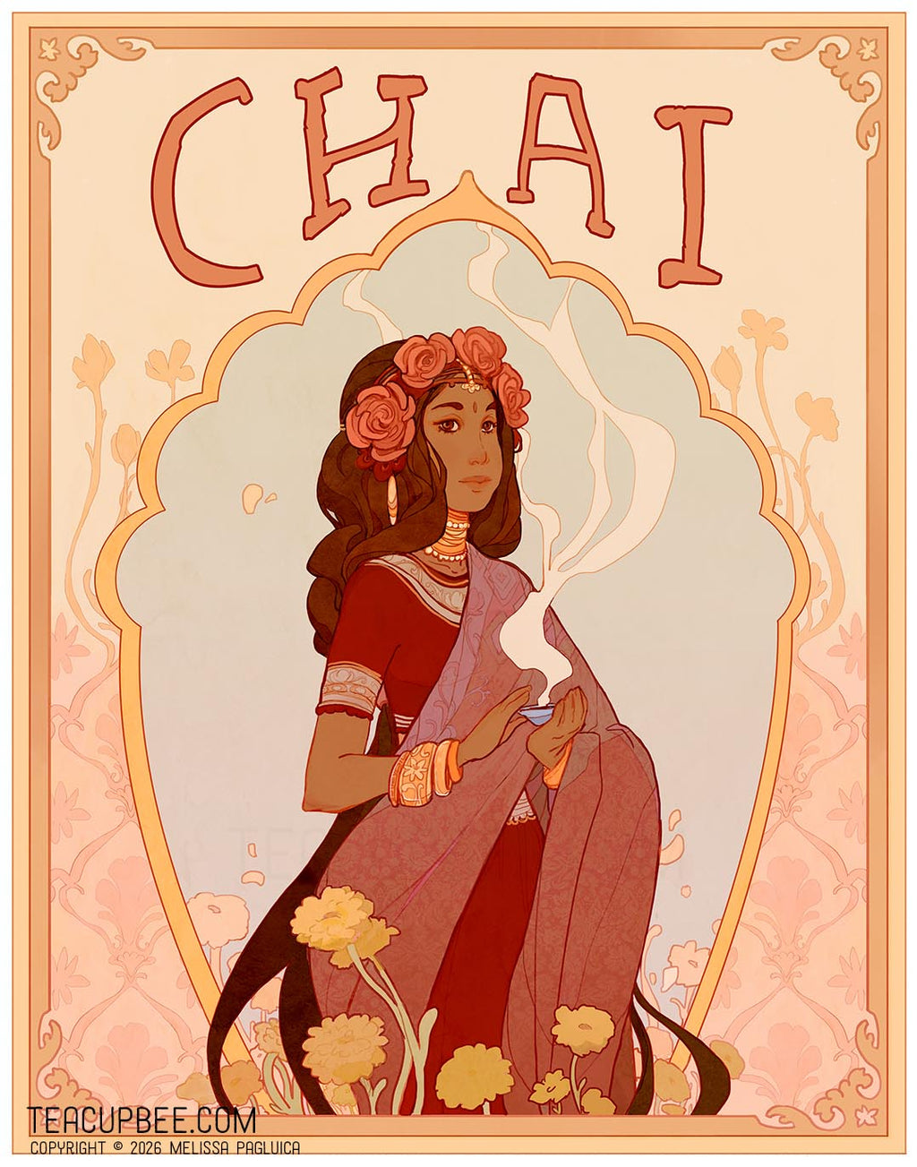 Illustration of a woman in a traditional outfit with 'CHAI' at the top, surrounded by floral elements.