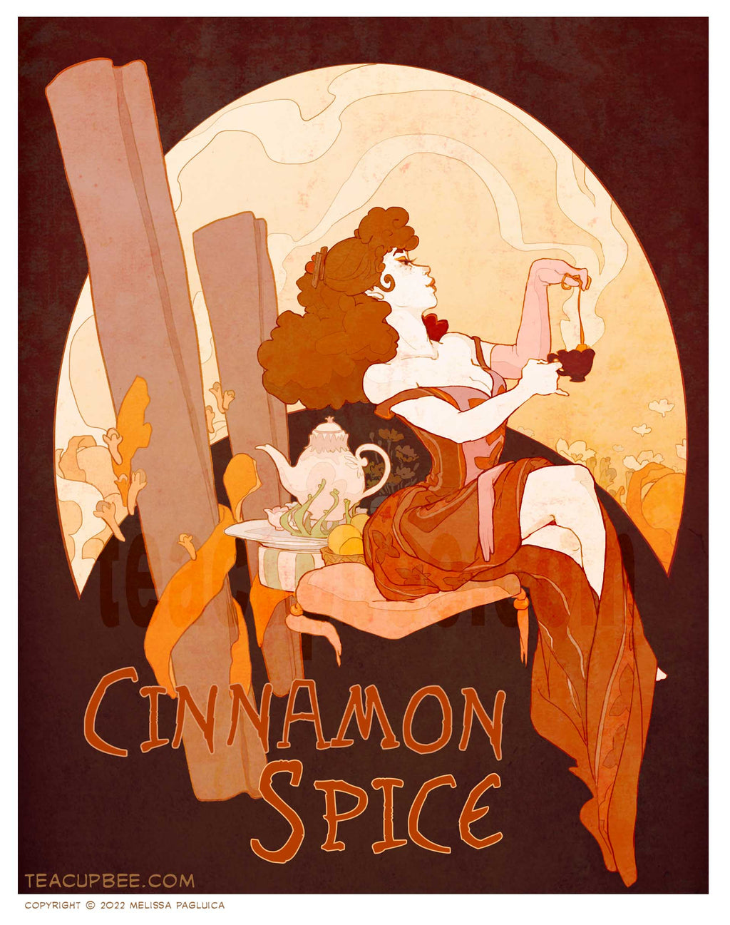 Artistic depiction of a woman holding a lantern with 'Cinnamon Spice' text and a teacupbee.com logo.