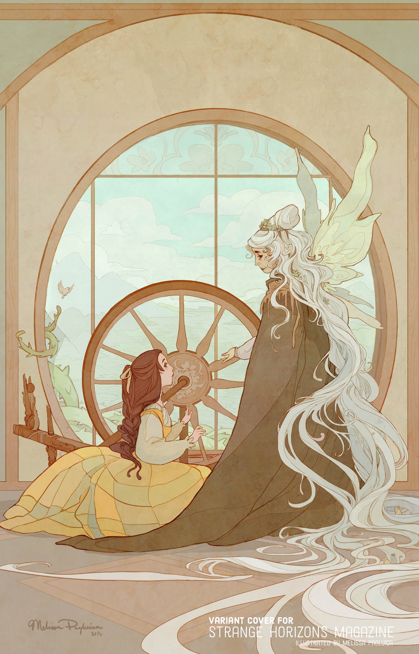Fairy and girl by a spinning wheel with a window in the background