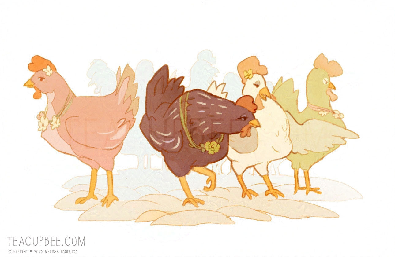 Illustration of four chickens in various colors on a white background