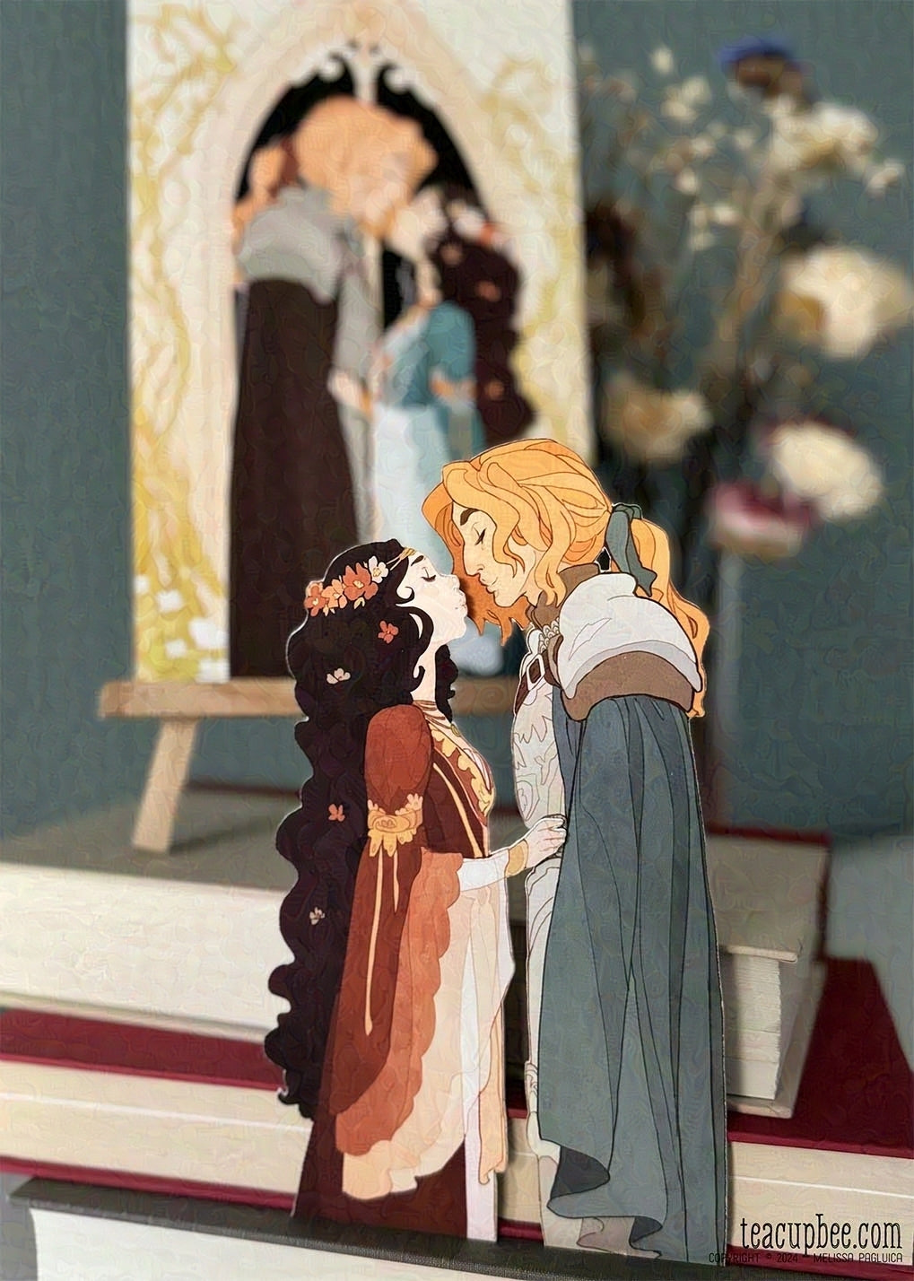 Paper figures of two characters in vintage clothing with a painting in the background.