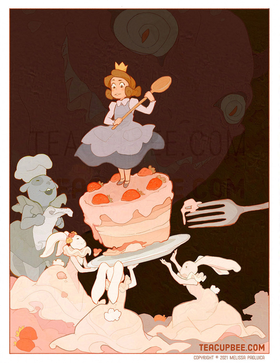 Digital illustration of a girl wearing a crown while holding a spoon. She is standing on a cake while a giant fork aims at it. The plate is held up by 3 bunnies.