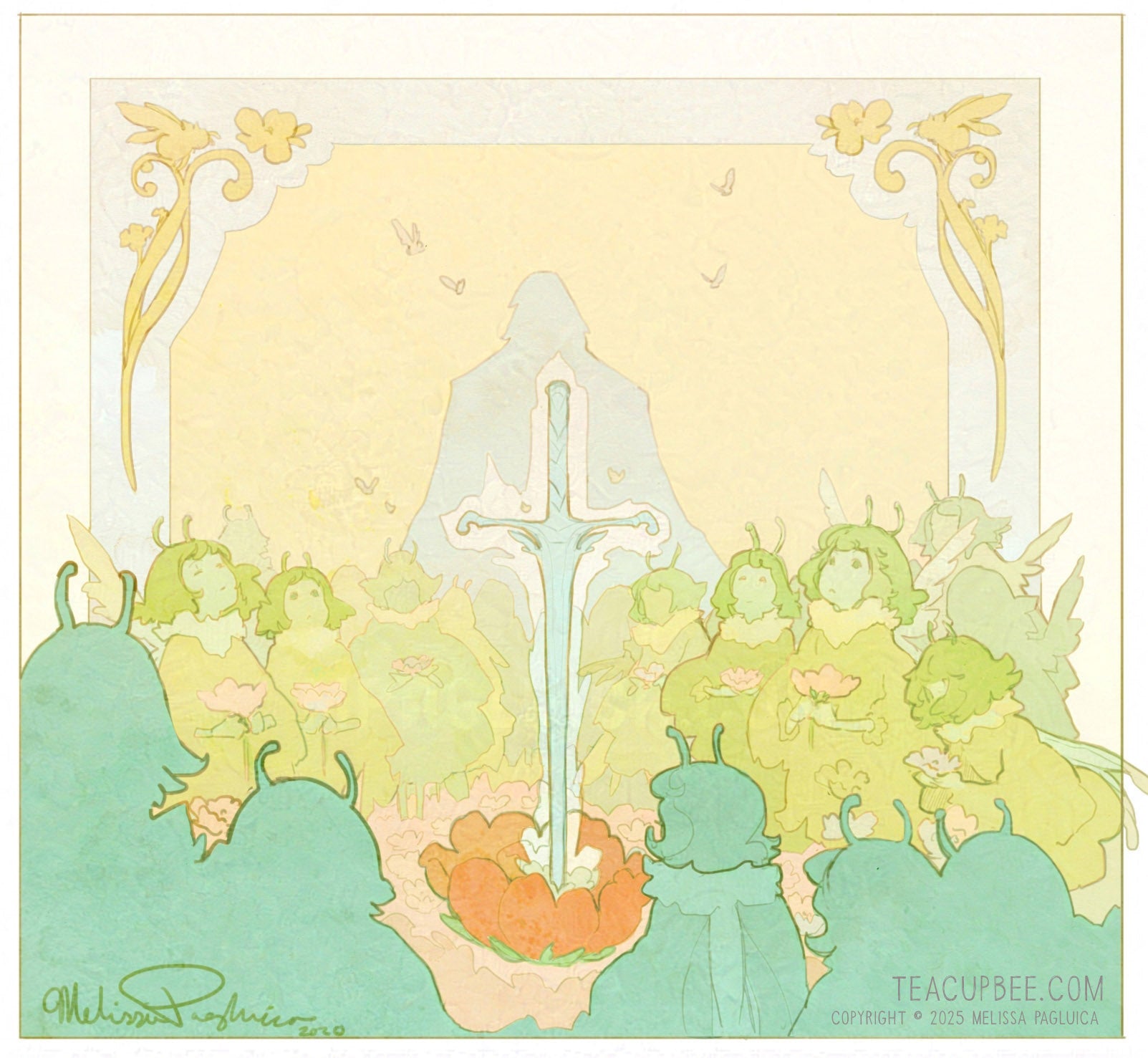 Illustration of a sword in a stone surrounded by green fairy-like figures on a light yellow background.
