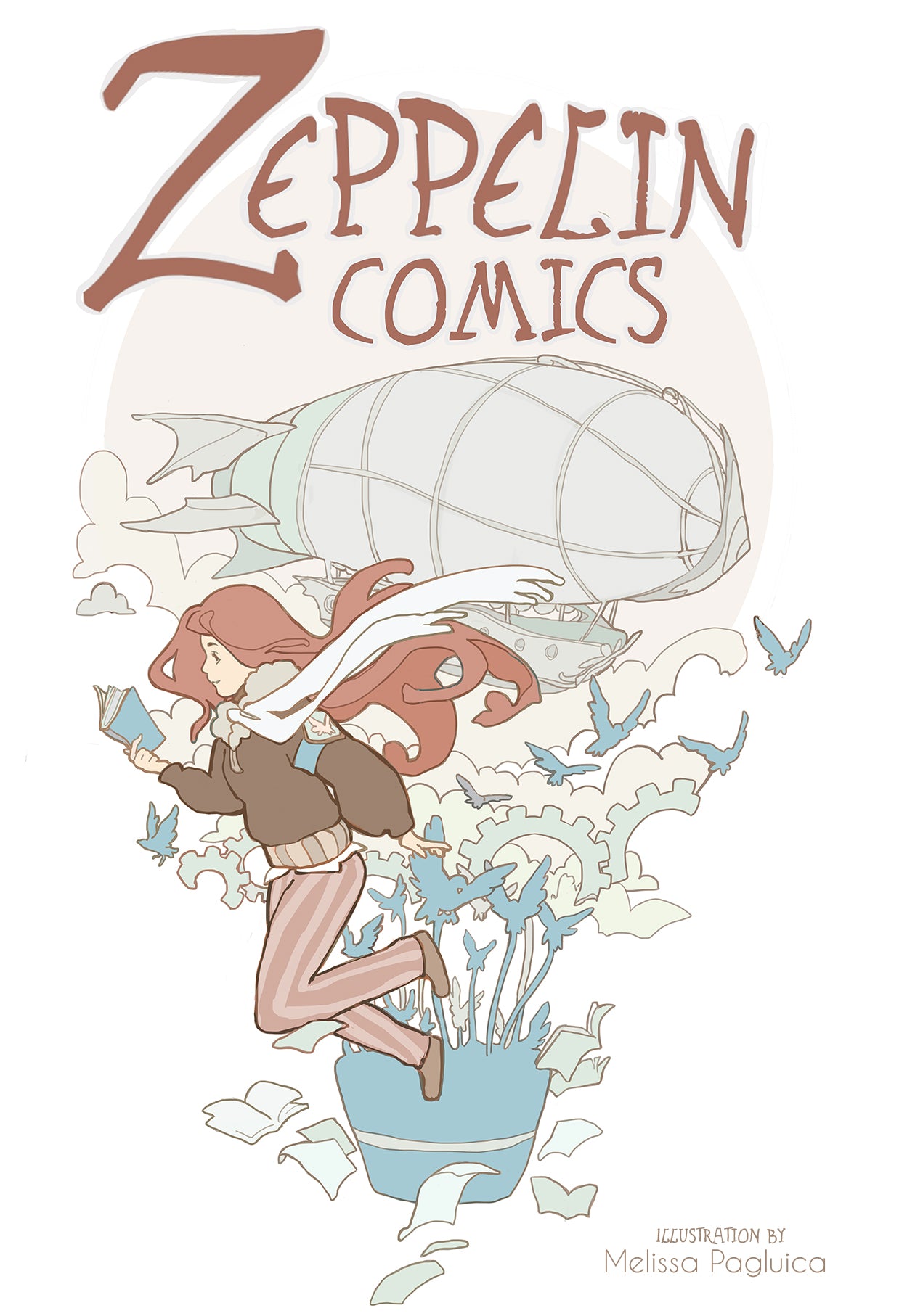 Illustration of a woman with a steampunk airship and birds, featuring 'Zeppelin Comics' text.